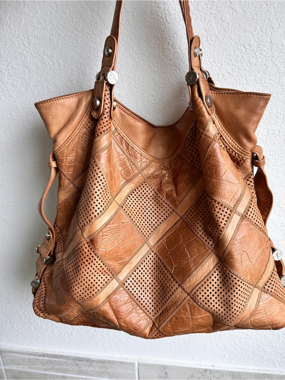 B Makowsky Leather Patchwork Tote Bag - Tan